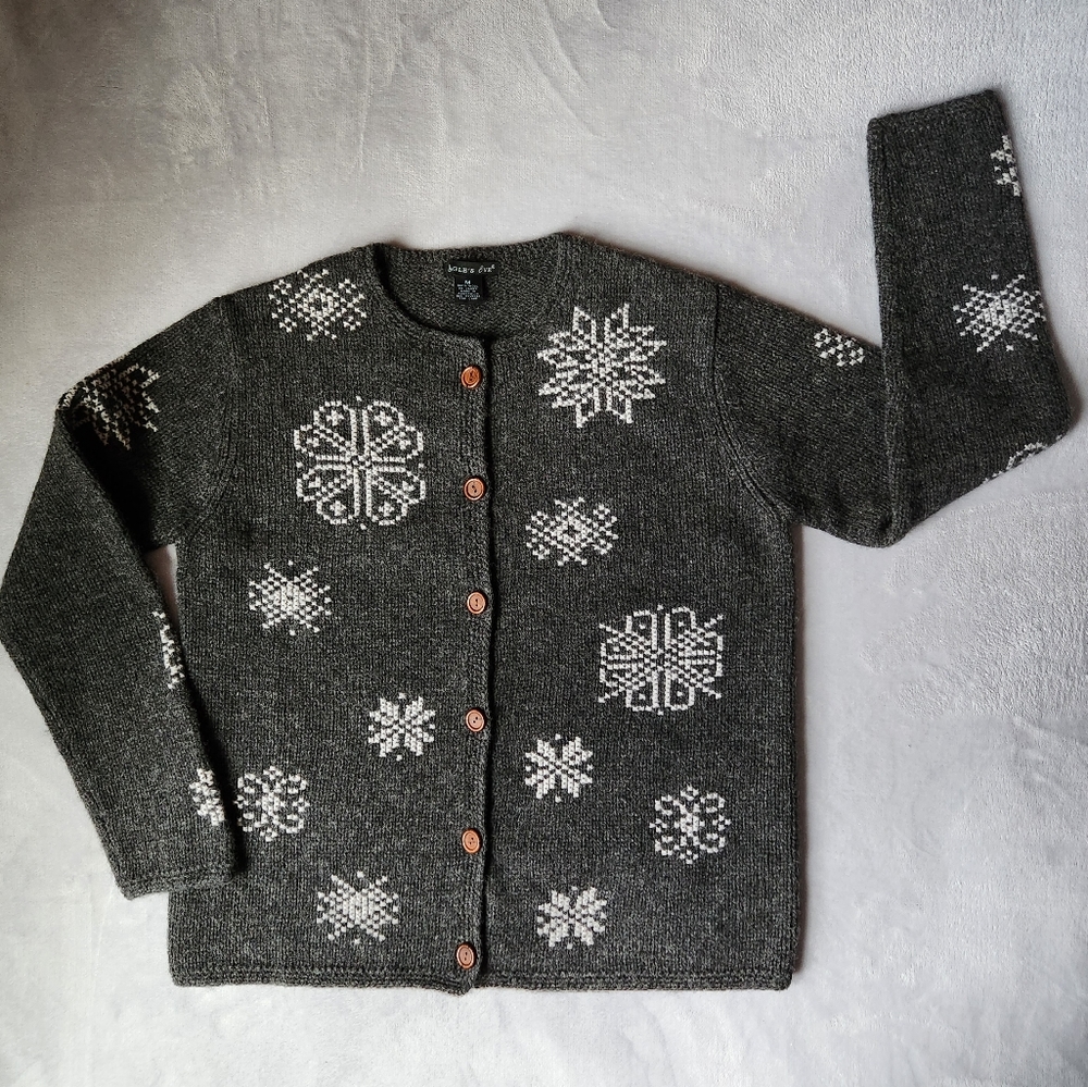 100% Wool Charcoal Gray Vintage Snowflake Christmas Wooden Button Up Cardigan, M
